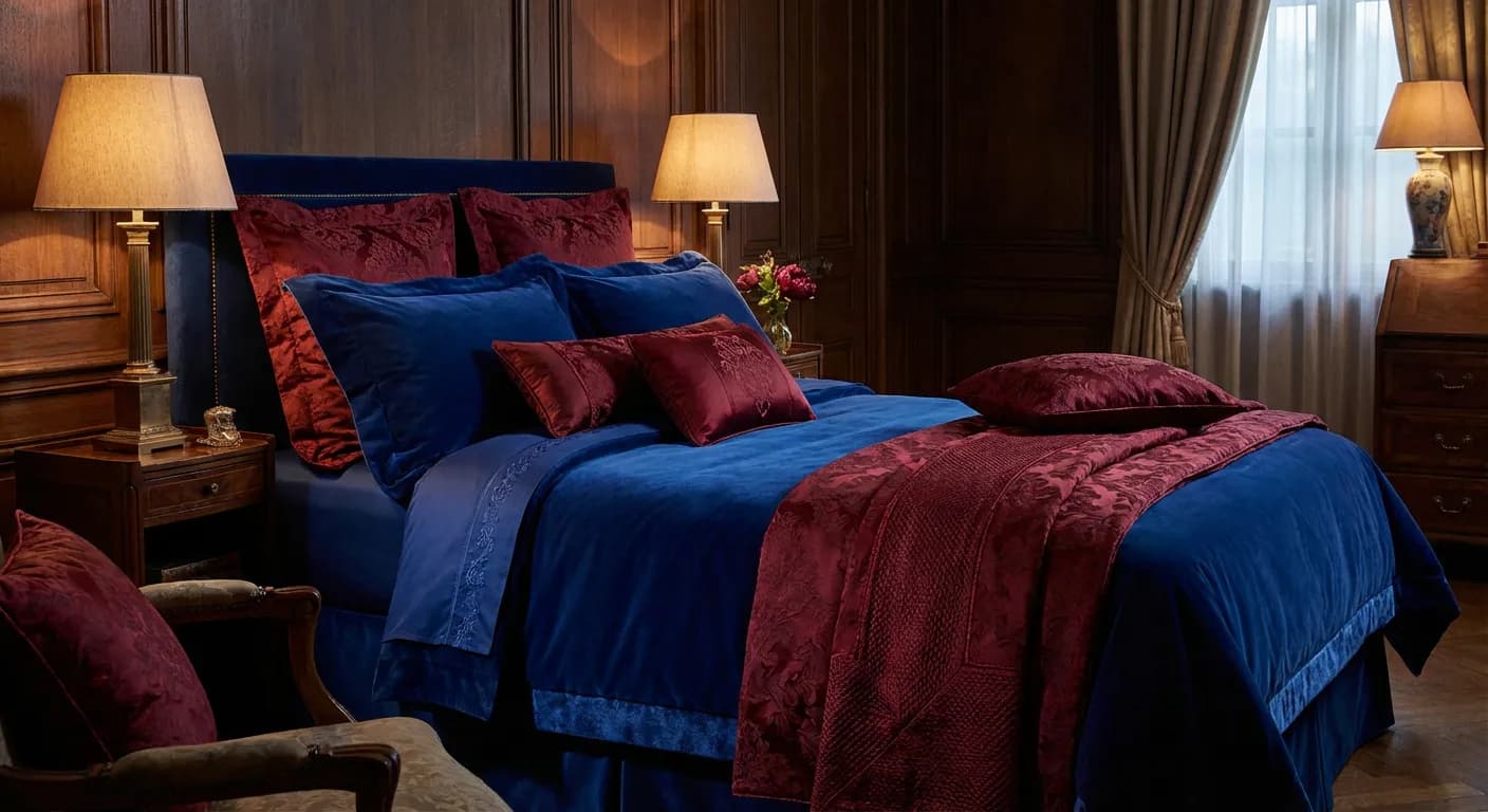 Chambre à coucher moderne illustrant l'intégration des nuances bleu et rouge