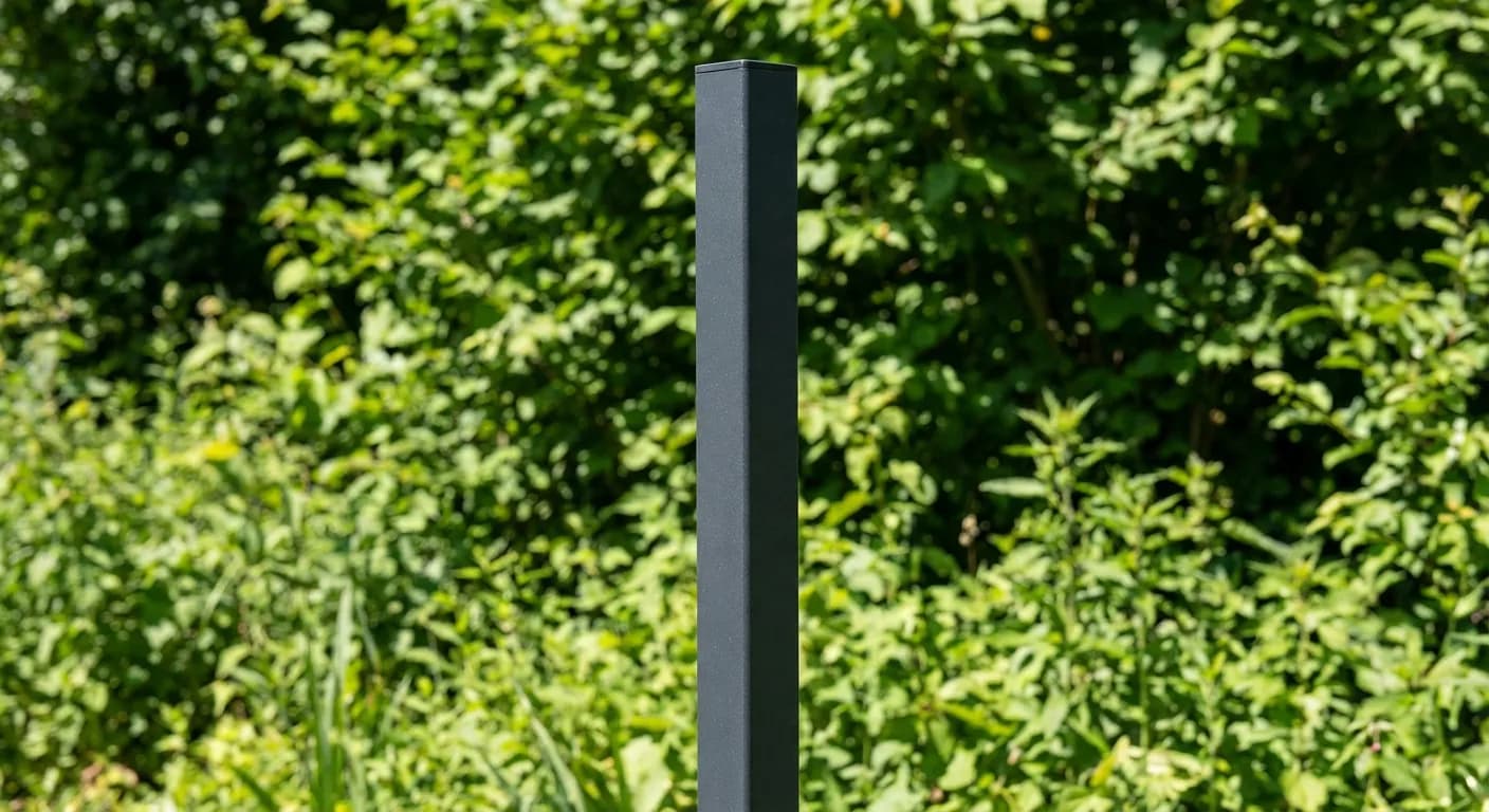 Détail d'un poteau de clôture moderne pour jardin.