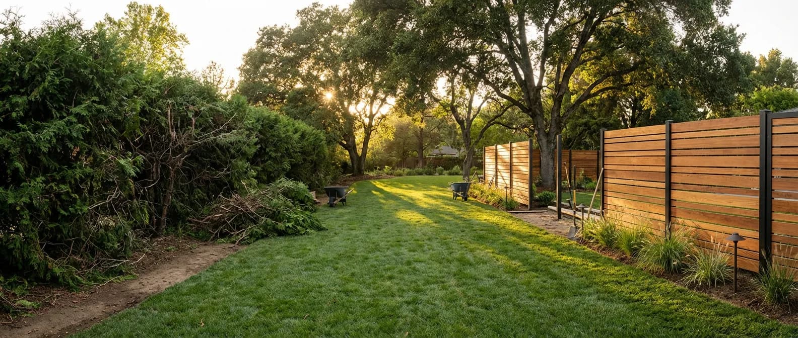 Remplacement d'une haie de thuyas par une clôture moderne lors d'une rénovation de jardin paysager.