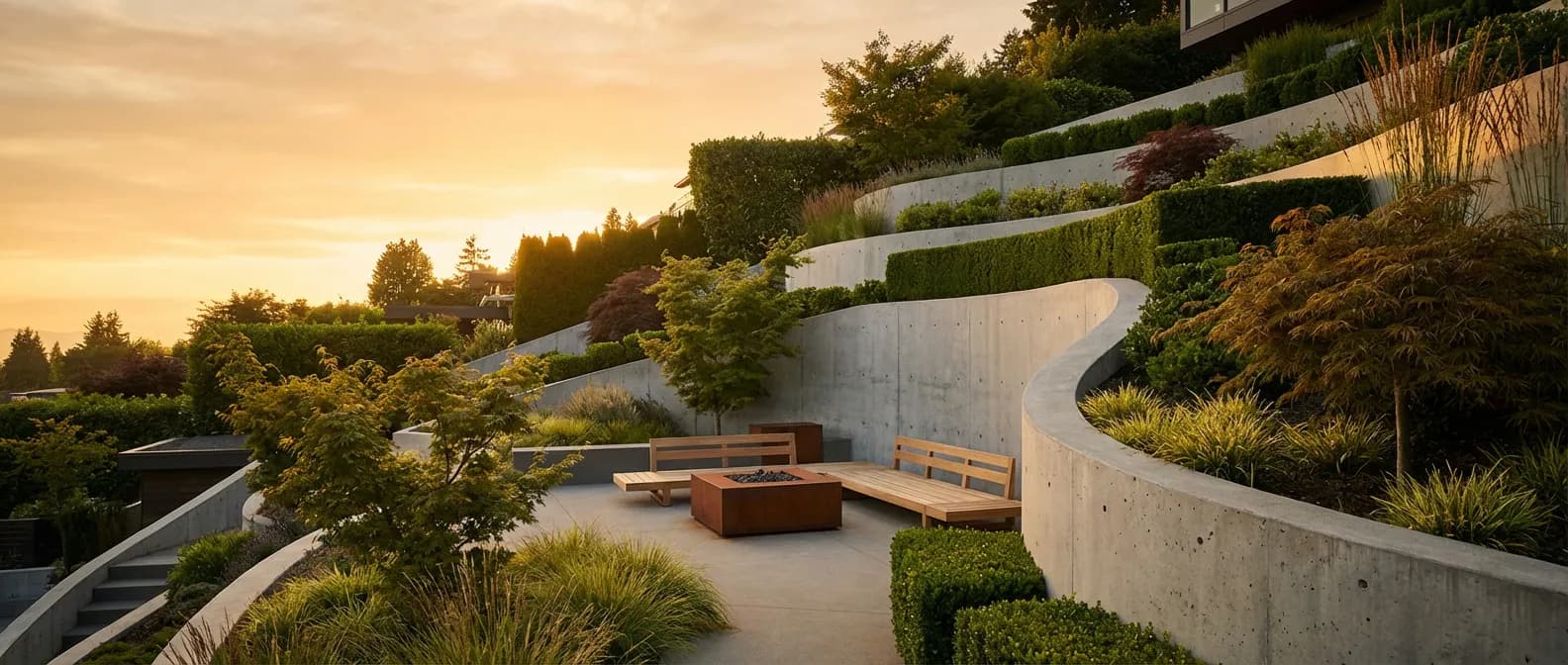 Vue panoramique d'un jardin en pente moderne avec terrasses en béton et aménagement paysager luxueux au coucher du soleil