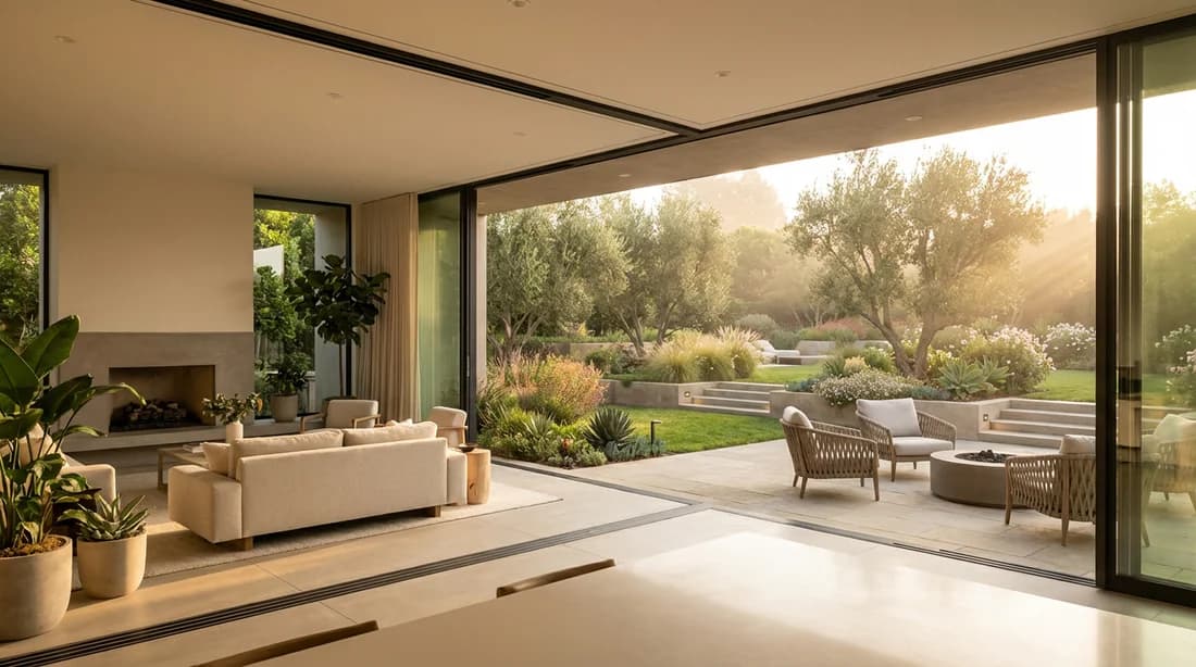 Vue panoramique d'un jardin paysager luxueux vu depuis un salon moderne au coucher du soleil, représentant le jardin comme une extension de la maison.