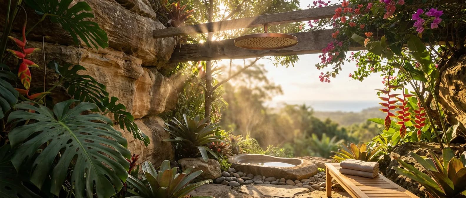 Douche extérieure de luxe intégrée dans une falaise de pierre naturelle avec jardin tropical au soleil couchant