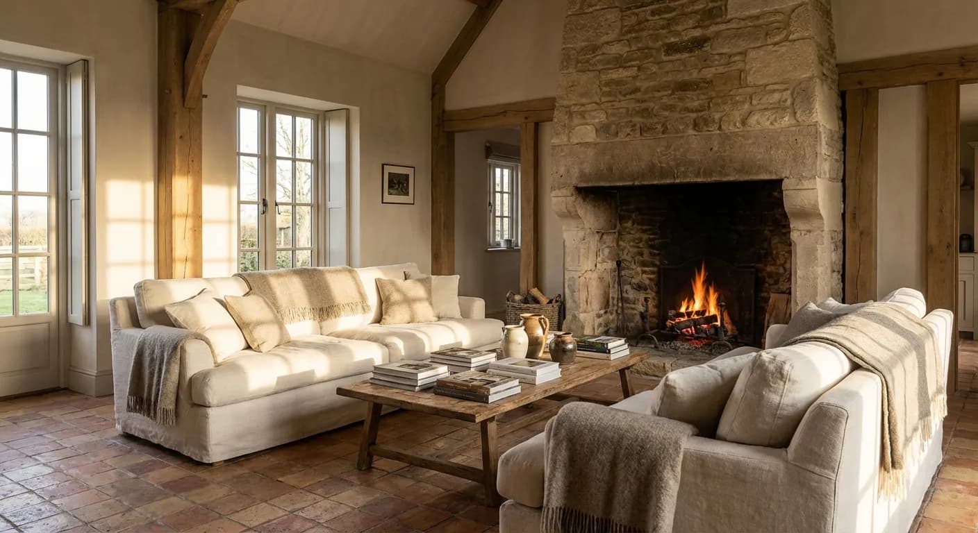 Salon spacieux au style campagne chic avec poutres apparentes et cheminée en pierre