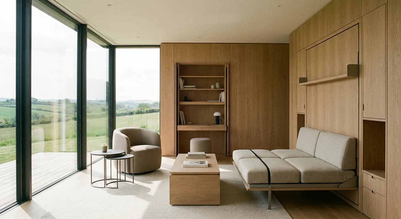 Aménagement intérieur d'une petite maison moderne optimisant l'espace et la lumière.