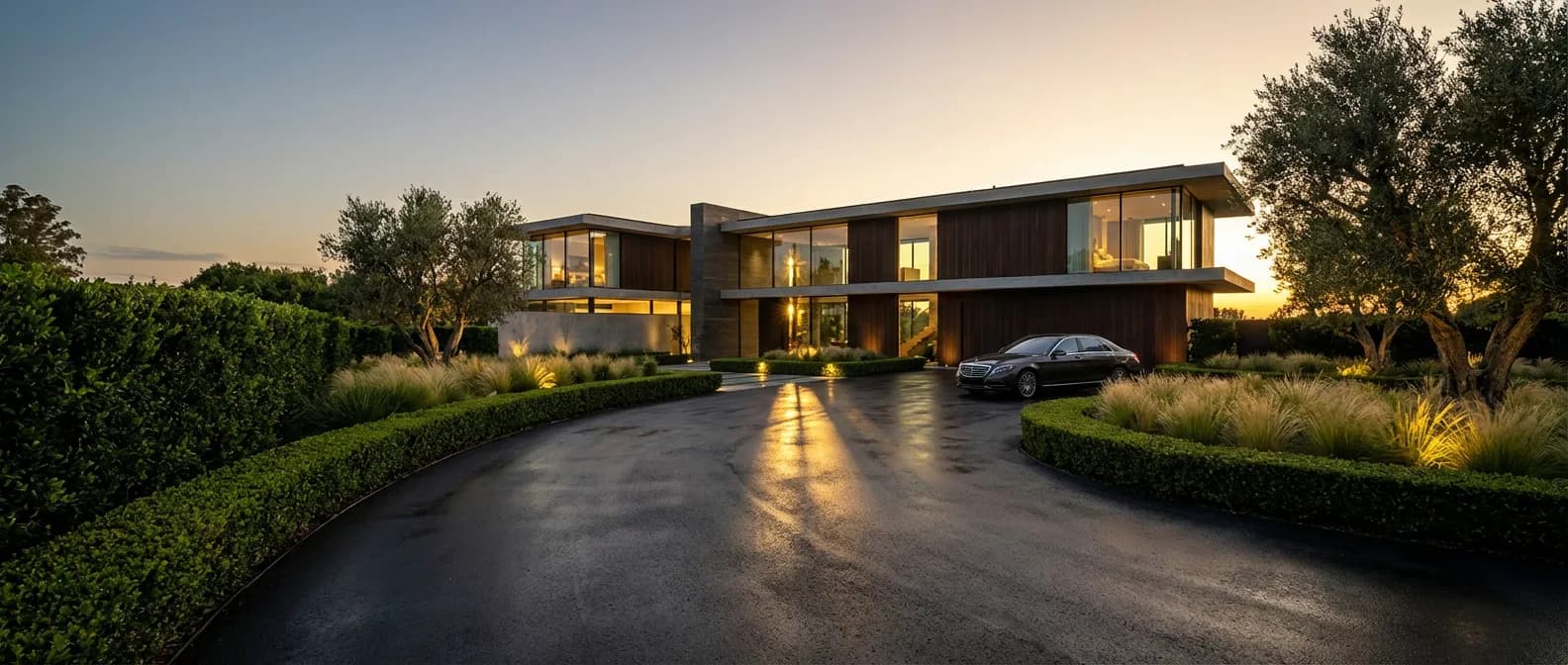Grande allée de maison moderne en enrobé noir impeccable sous une lumière de fin de journée