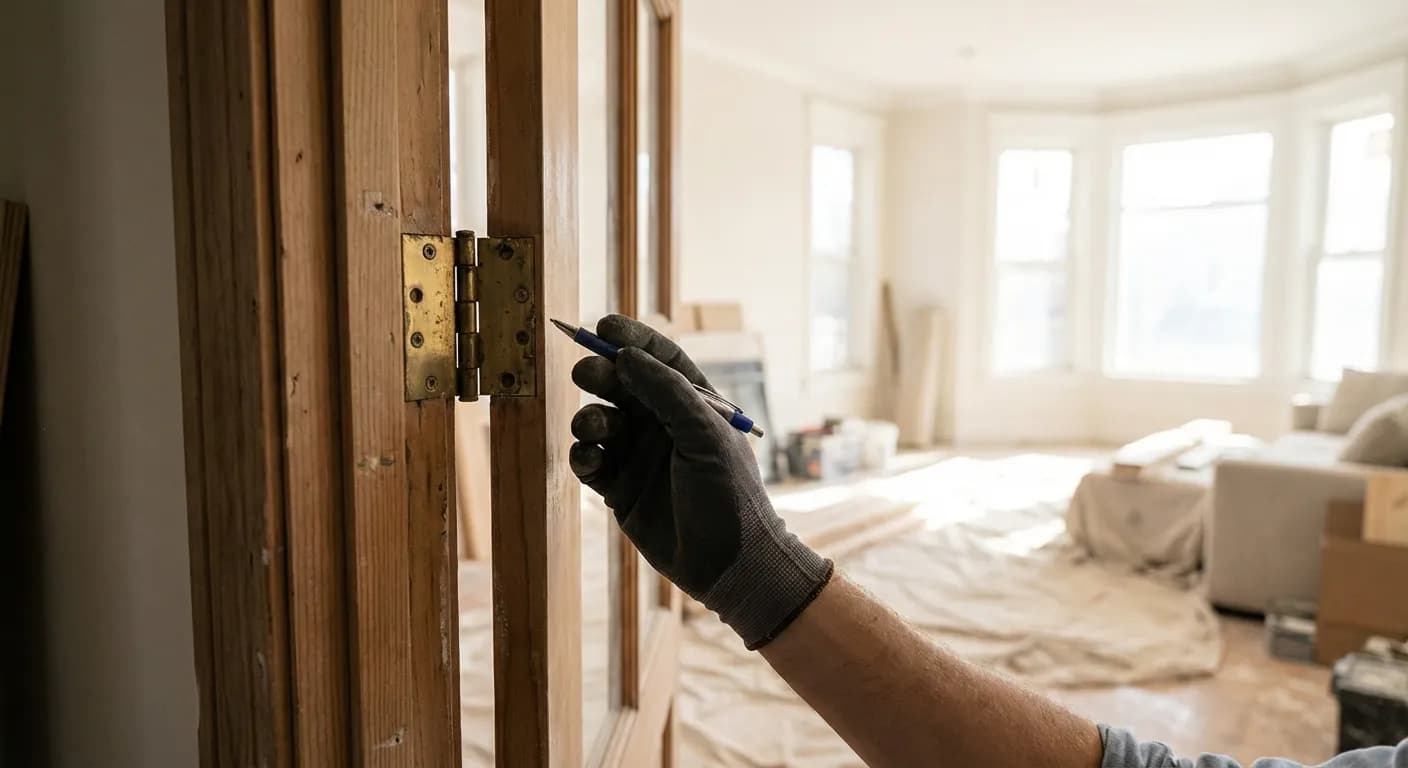 Main d'expert vérifiant le sens d'ouverture poussant d'une porte lors d'une rénovation