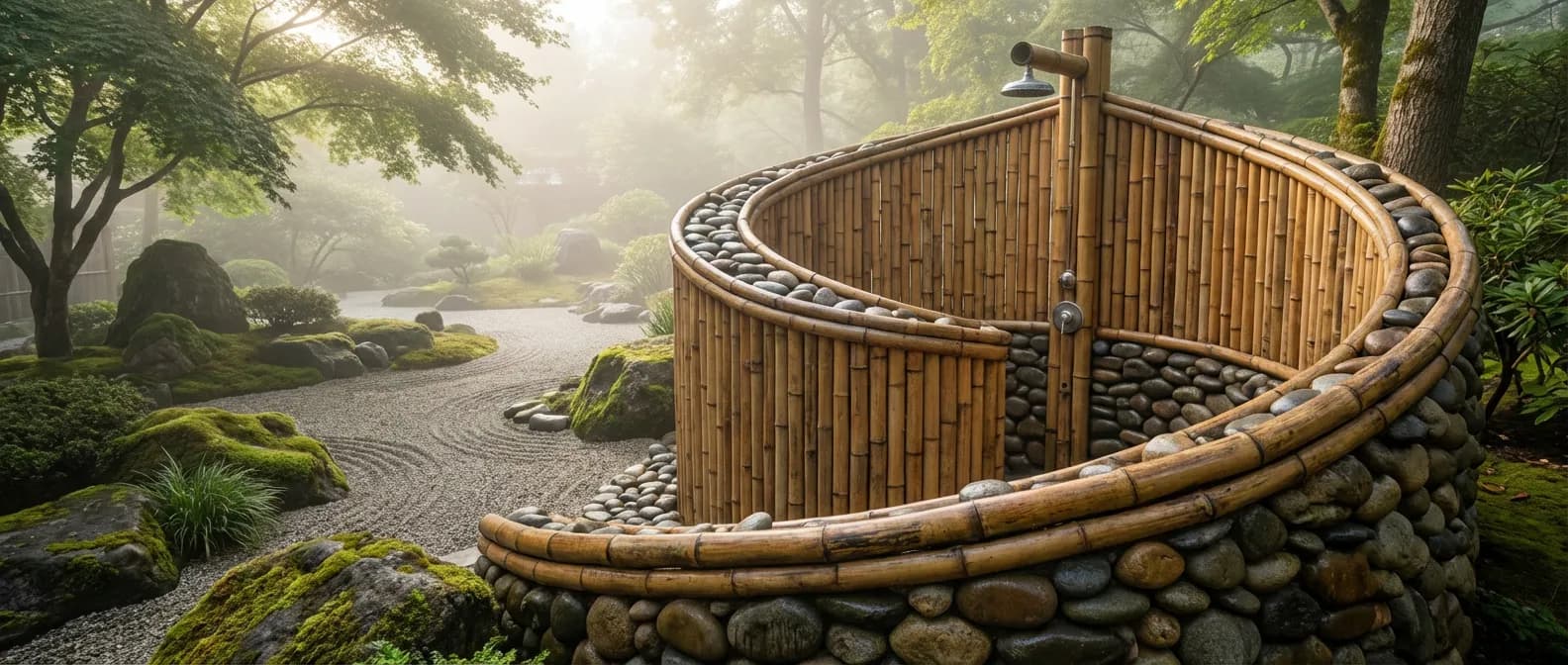 Douche extérieure originale en bambou de style zen dans un jardin paysager