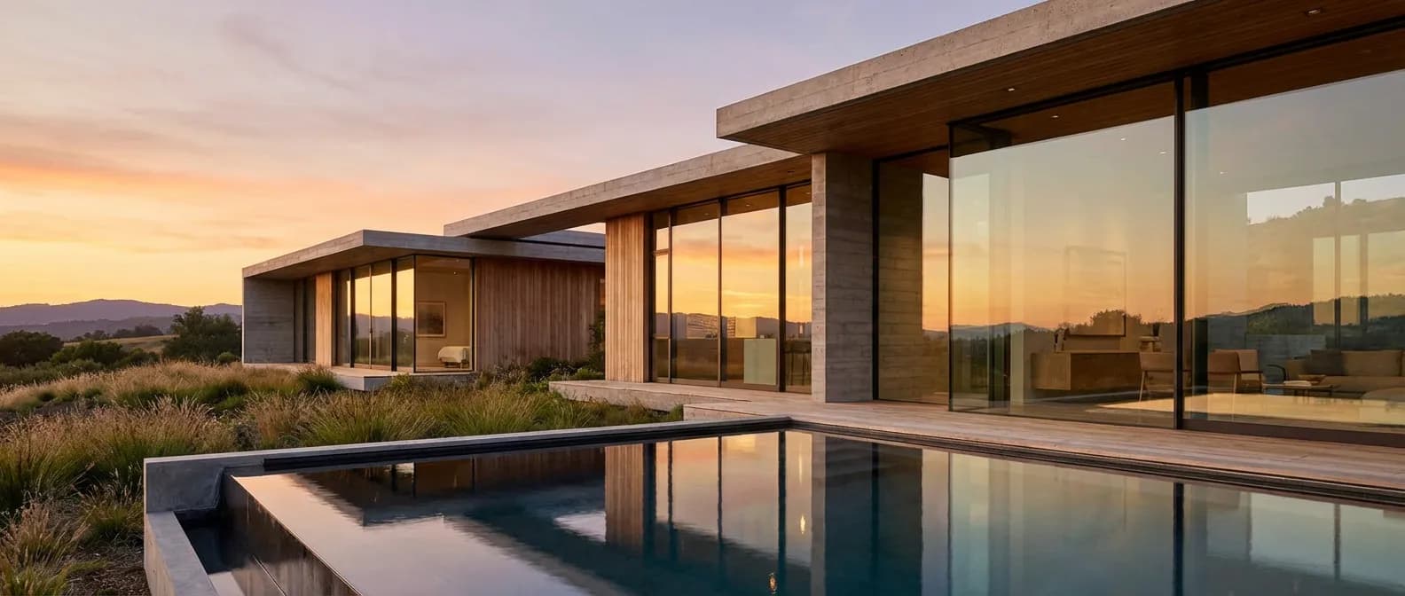 Vue cinématographique d'une maison moderne avec de grandes fenêtres panoramiques au coucher du soleil