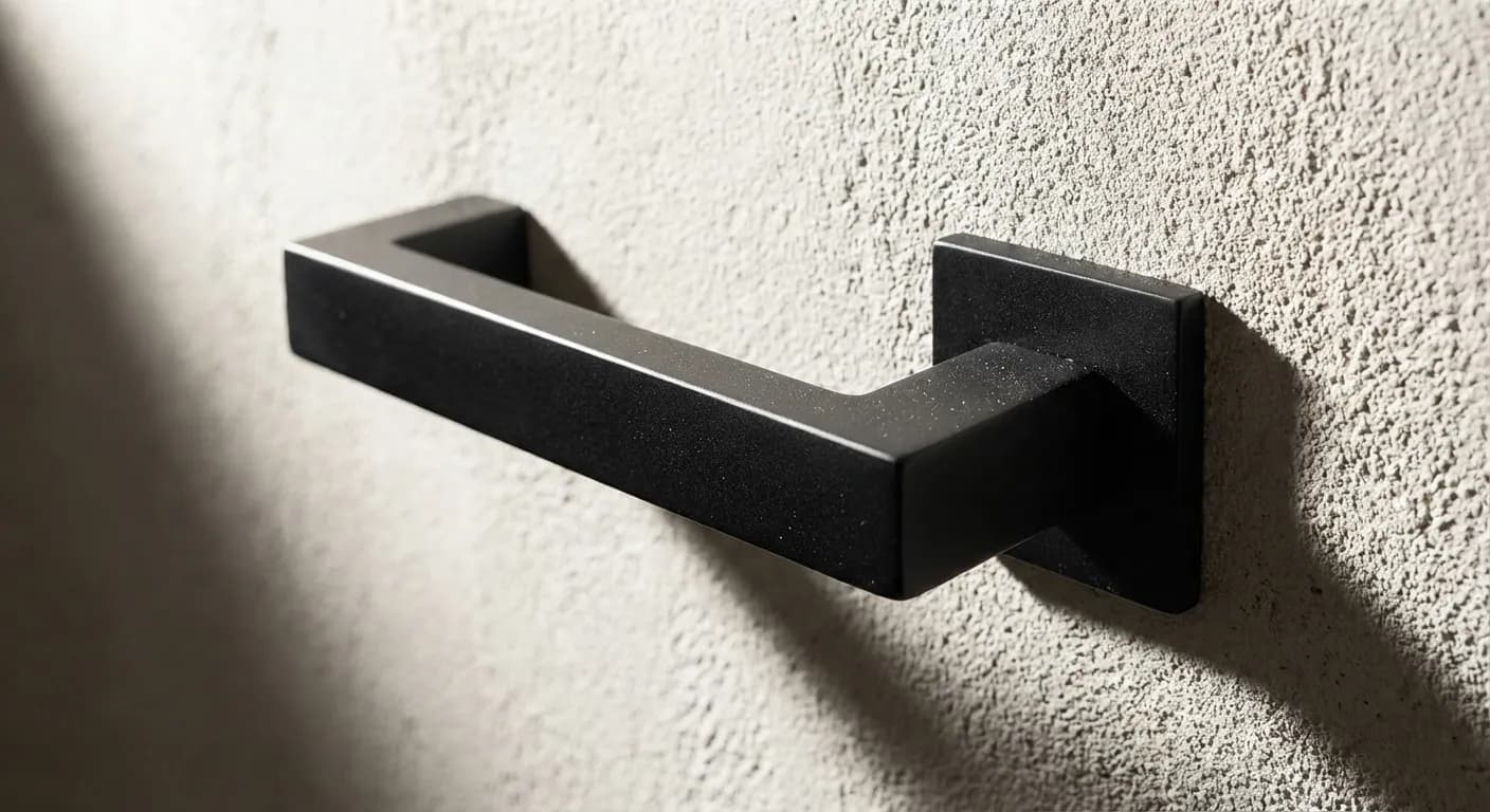 Gros plan minimaliste sur une poignée de porte design pour illustrer le poussant gauche