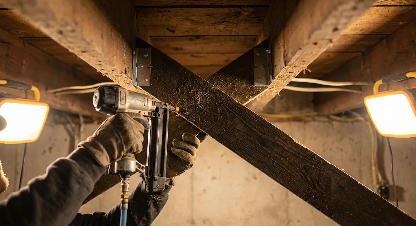 Installation technique d'une croix de Saint-André entre des solives de cave