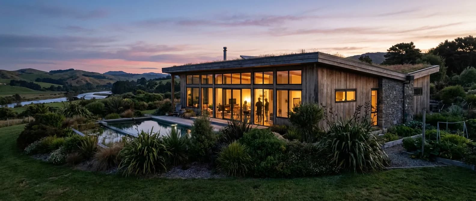 Maison contemporaine RT2012 de 100m2 à la tombée de la nuit avec éclairage intérieur chaleureux