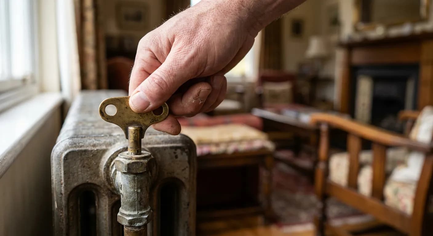 Gros plan d'une main tournant une clé de purge sur la partie haute d'un radiateur.