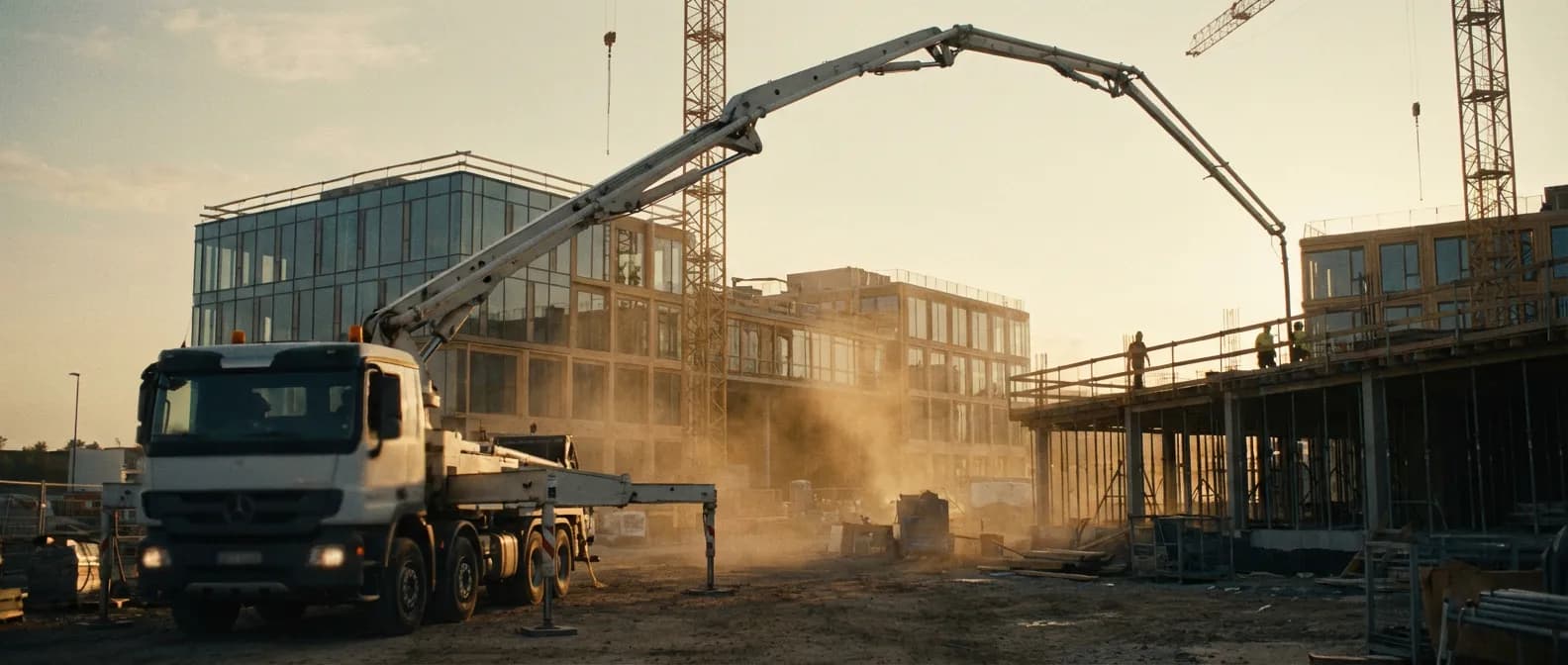 Location de pompe à béton sur un chantier de construction moderne au coucher du soleil