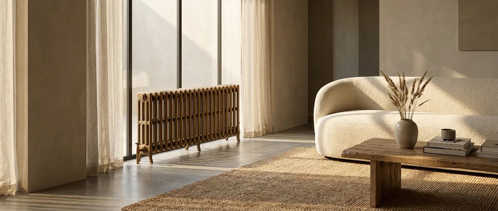Un radiateur élégant dans un salon moderne baigné de lumière naturelle, illustrant l'entretien du chauffage.