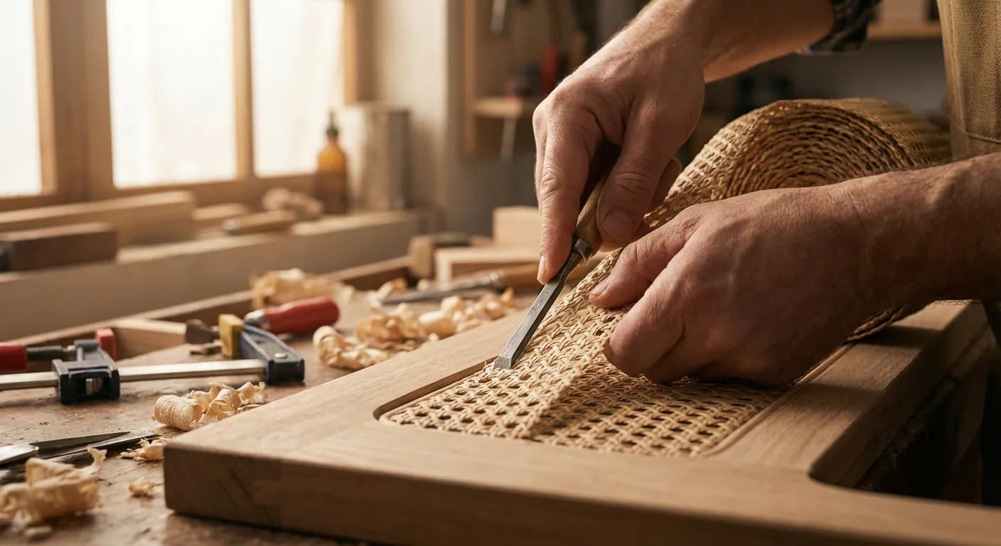 Fabrication d'une tête de lit originale fait maison en cannage rotin.