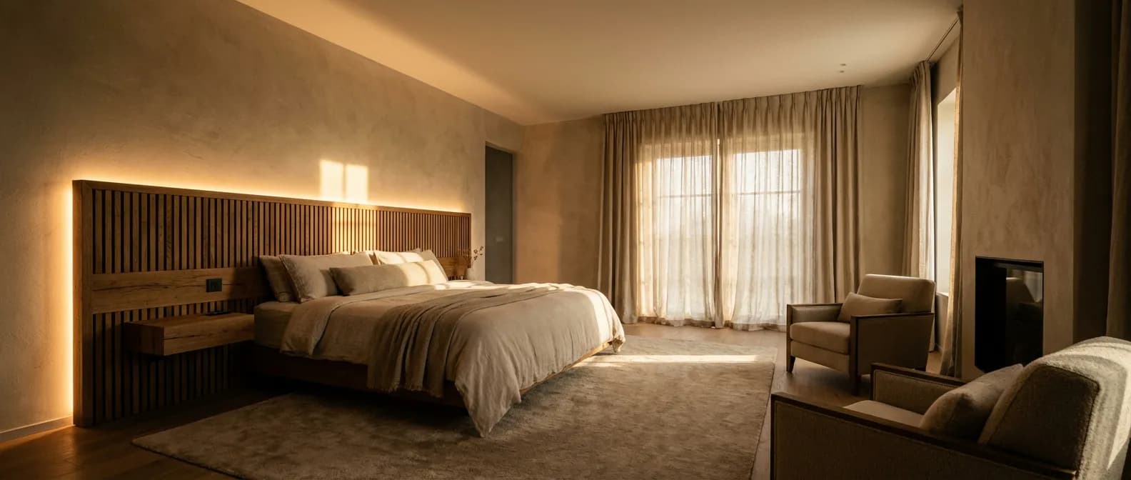 Tête de lit originale fait maison en bois de chêne avec éclairage intégré dans une chambre élégante.