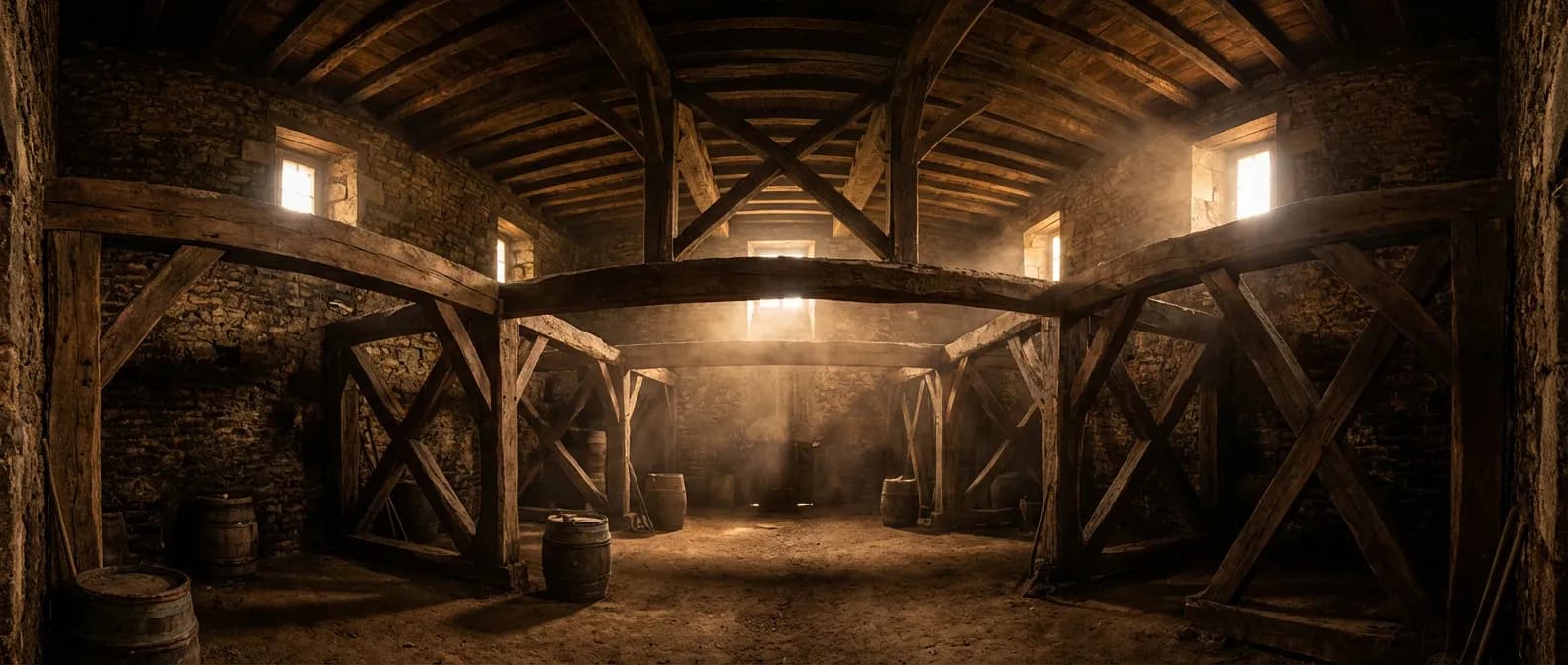 Vue panoramique d'une cave ancienne avec renforts de structure en croix de Saint-André sous une lumière cinématique