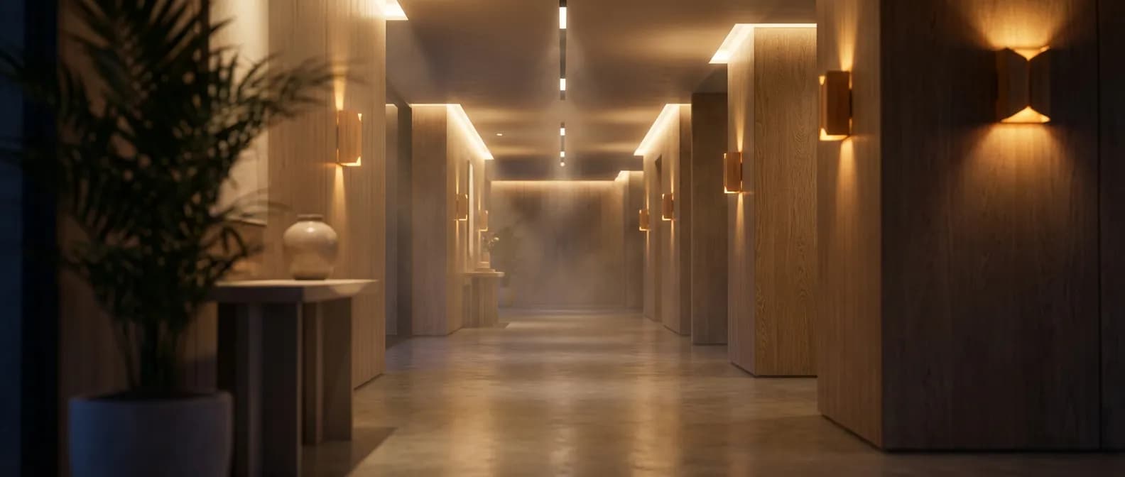 Éclairage chaleureux avec appliques murales et spots dans un couloir moderne