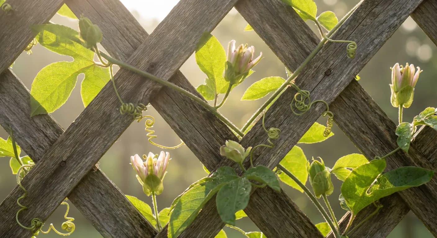 Passiflore grimpant sur un treillage en bois avec des jeux de lumière à travers les feuilles.