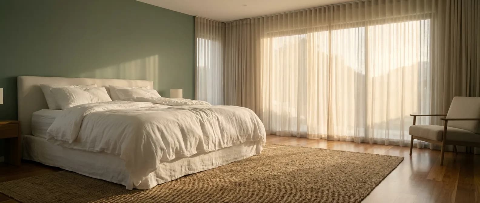 Décoration de chambre élégante avec murs vert sauge et linge de lit blanc haut de gamme