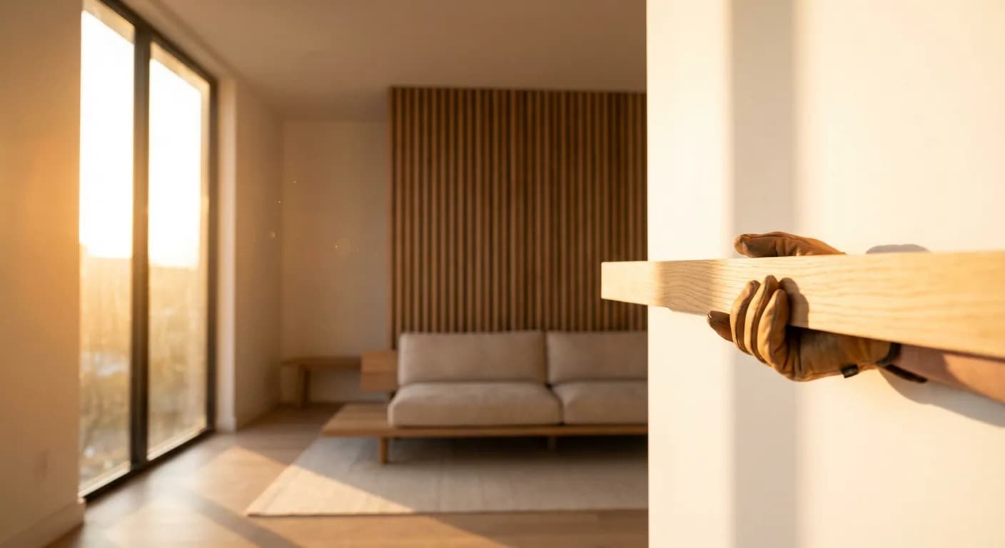 Installation de tasseaux décoratifs en bois sur un mur en placo dans un salon moderne et lumineux.