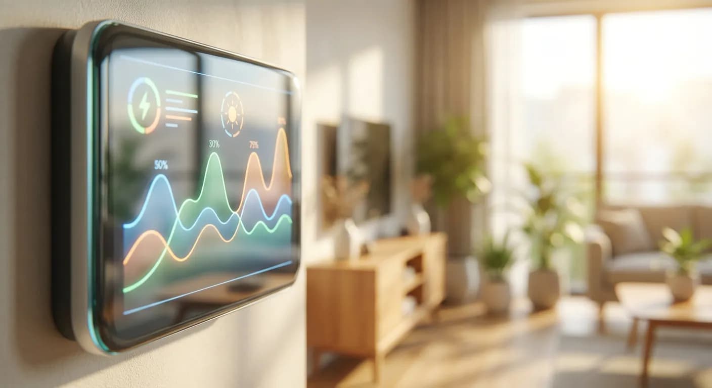 Gros plan sur un thermostat intelligent affichant la consommation électrique en temps réel