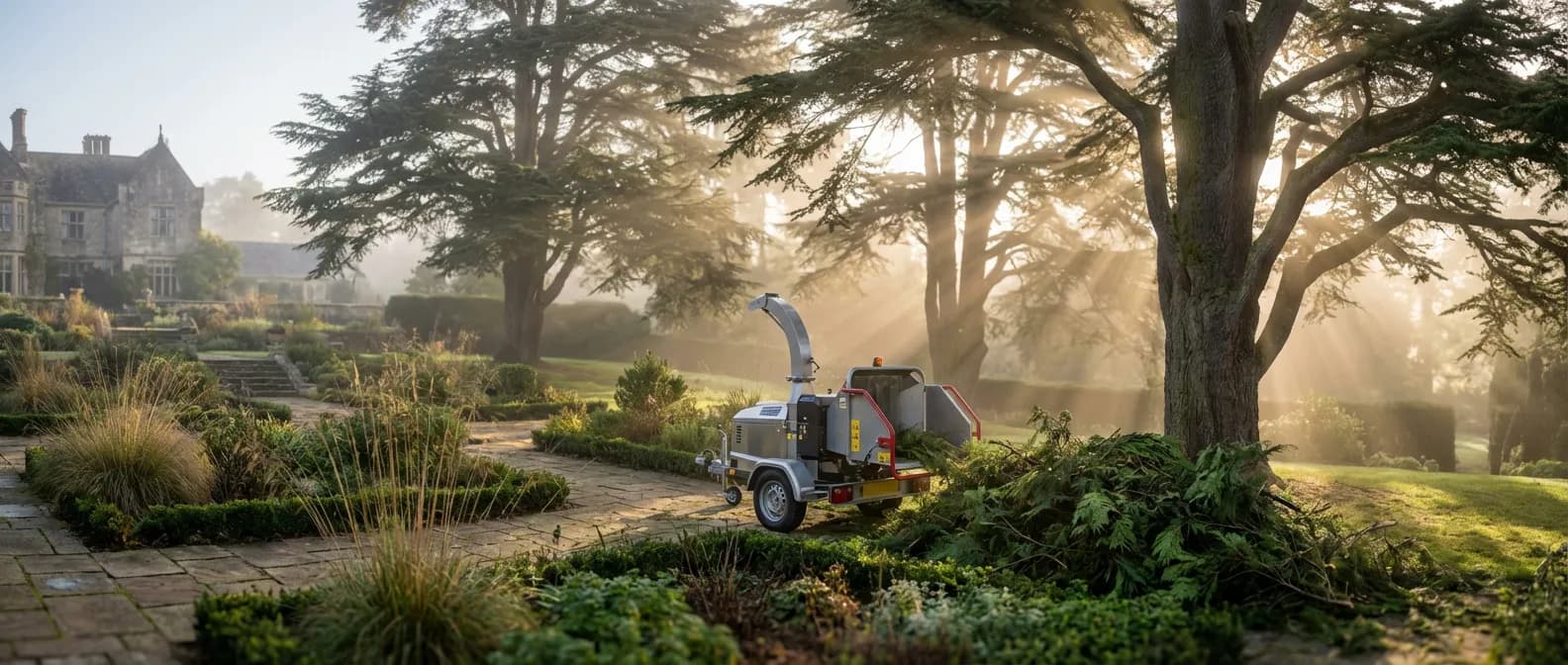 Broyeur de végétaux professionnel dans un jardin luxueux avec des branches de thuya
