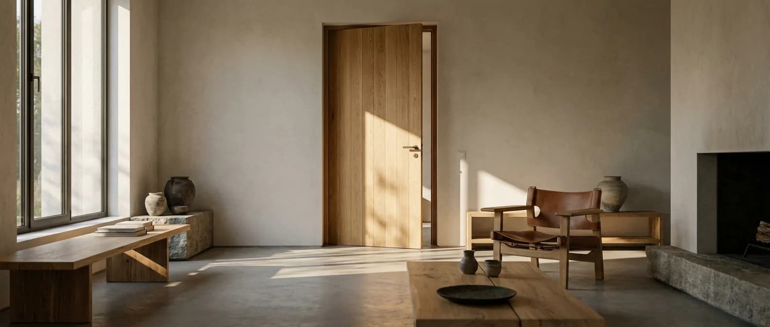 Vue cinématique d'une porte en chêne massif dans un intérieur moderne soulignant le sens d'ouverture poussant gauche