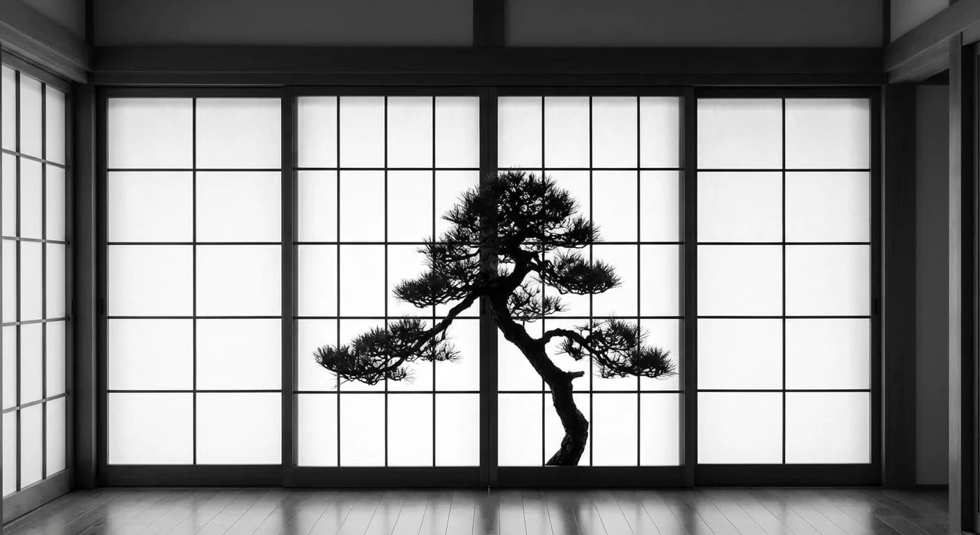 Miniature minimaliste d'un bonsaï devant une paroi Shoji traditionnelle