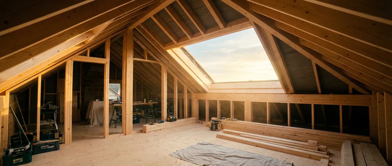 Installation d'un chevêtre en bois pour fenêtre de toit Velux dans un grenier lumineux