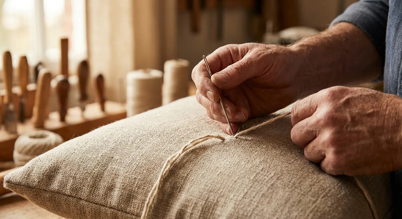 Mains d'artisan travaillant sur les finitions d'un canapé fait main