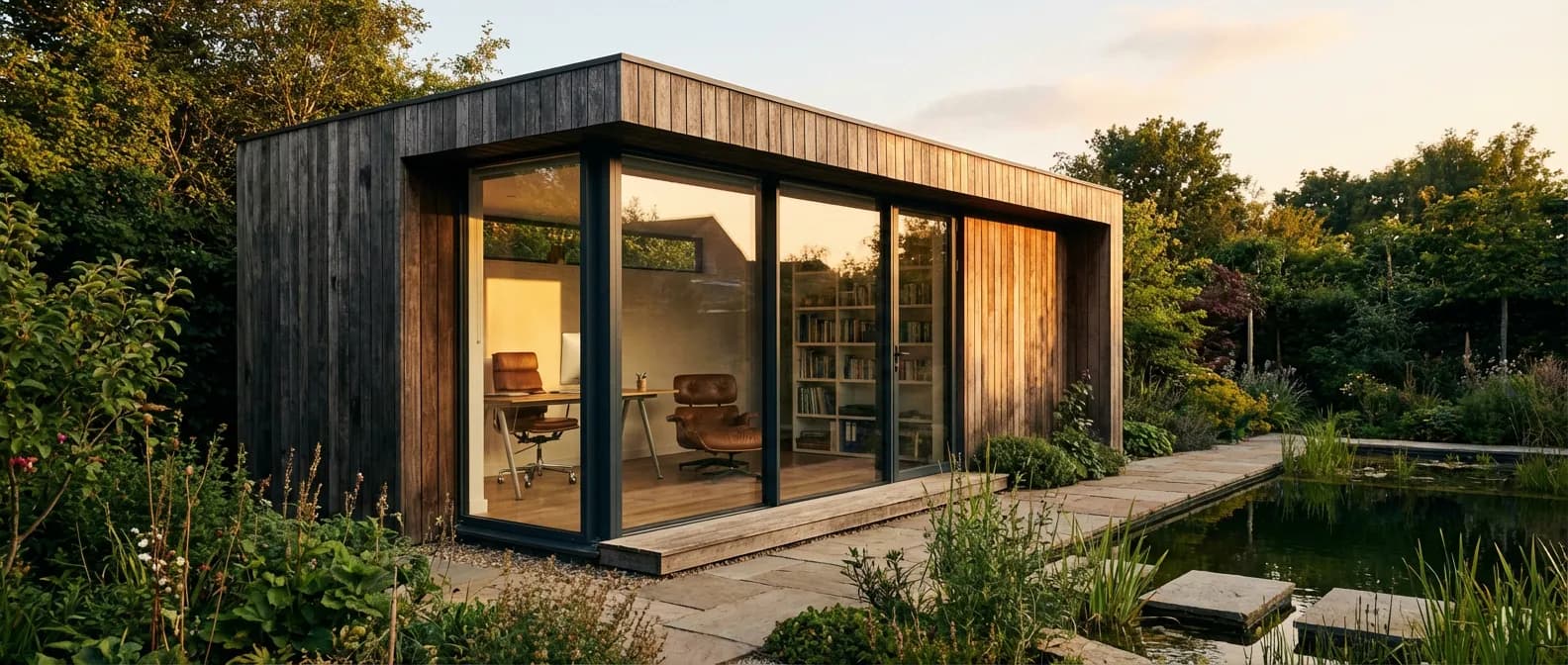 Studio de jardin moderne Greenkub en bois avec grandes baies vitrées dans un jardin paysager au coucher du soleil.