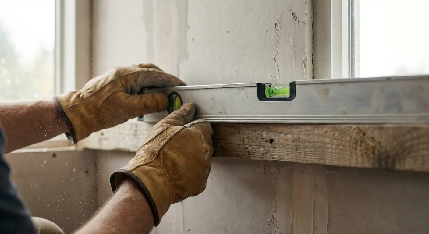 Nivelage précis d'un tasseau de bois sur un mur lors d'une rénovation.