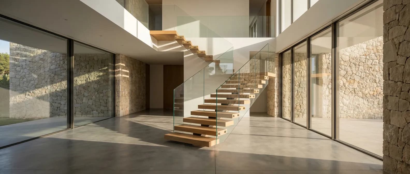 Vue panoramique d'un escalier en U moderne dans une maison d'architecte lumineuse