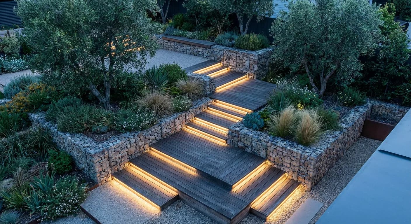 Terrasses de jardin avec murs de soutènement en gabion et éclairage LED intégré