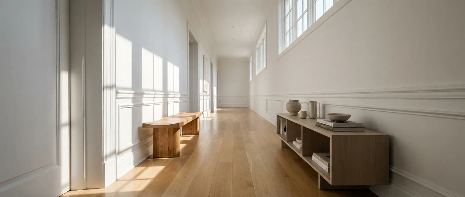 Vue en perspective d'un couloir luxueux et lumineux avec un design épuré