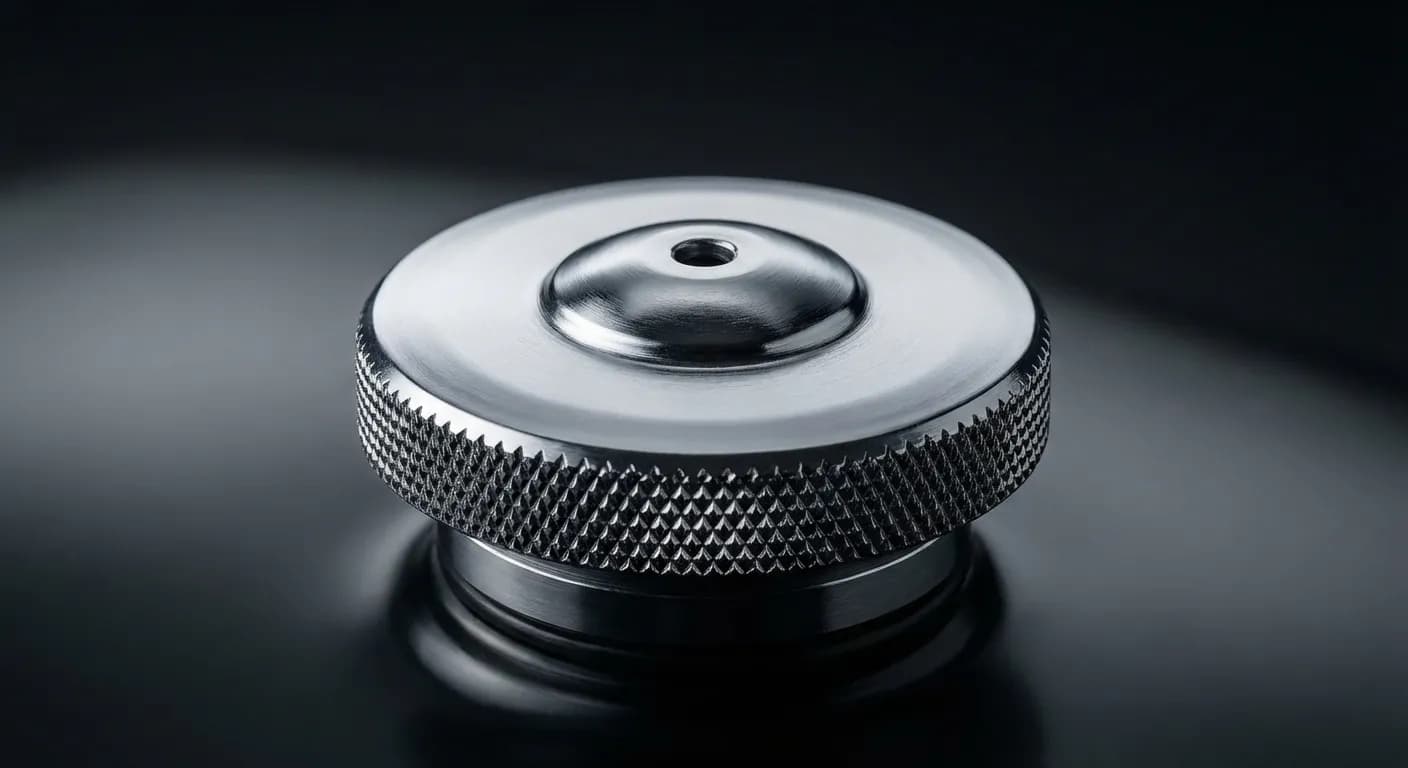 Gros plan minimaliste d'un bouchon d'évent de cuve à fioul en métal brillant.