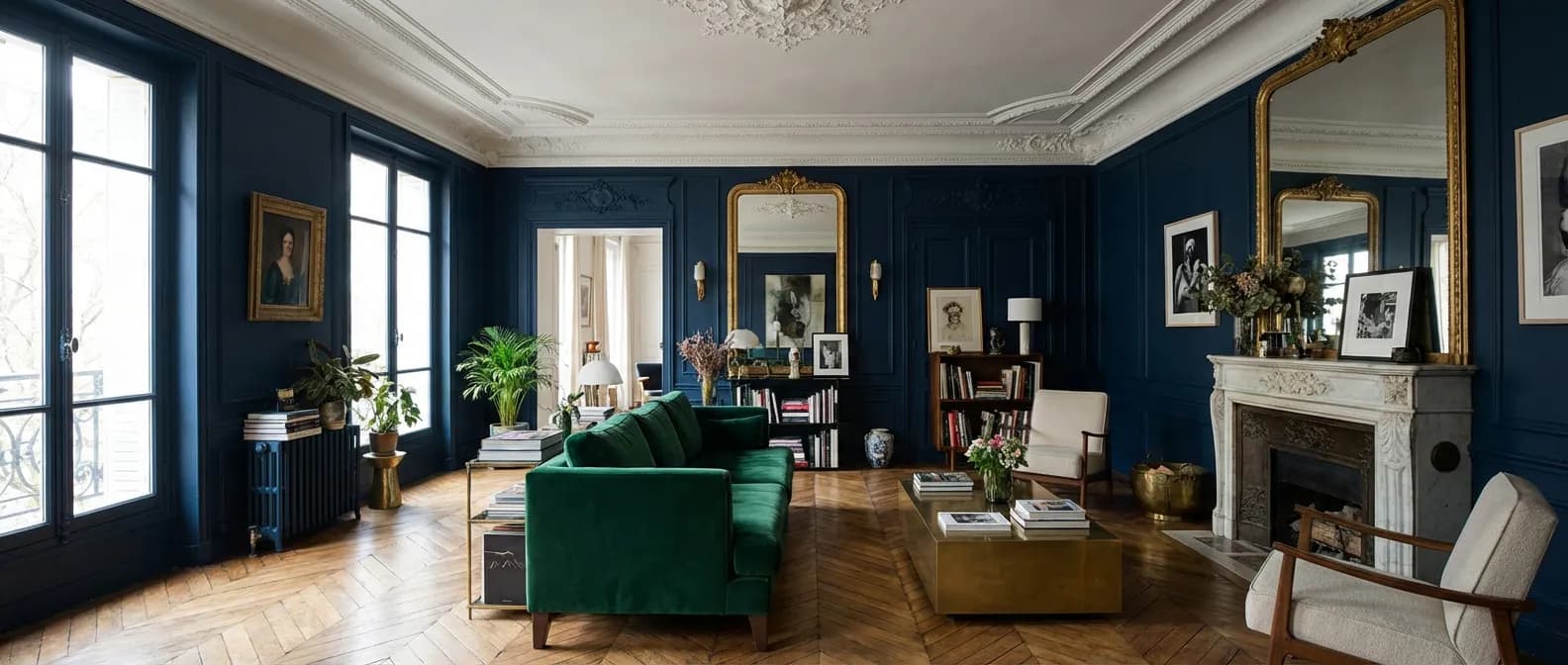 Salon élégant avec murs bleu nuit et canapé en velours vert, décoration d'intérieur de caractère.