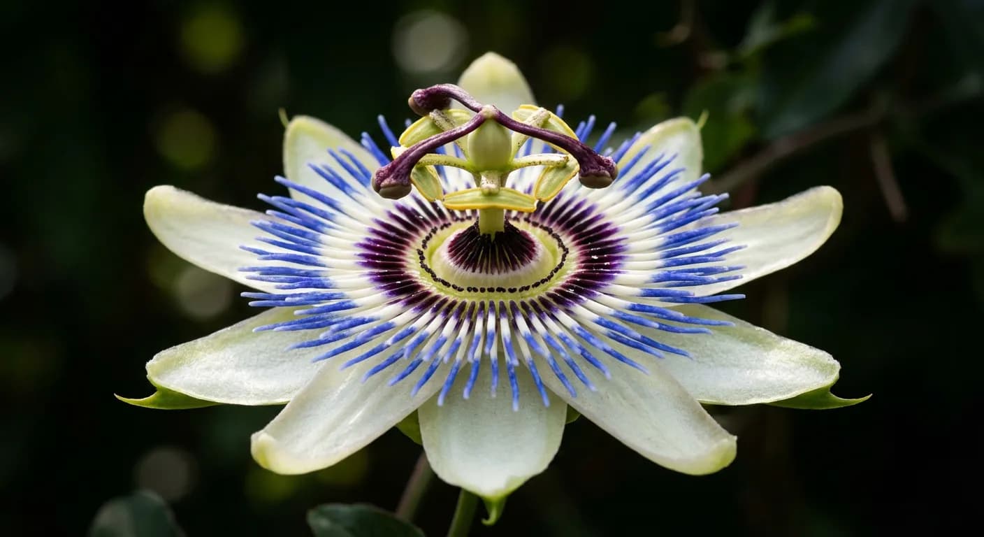 Gros plan iconique d'une fleur de passiflore bleue et blanche.