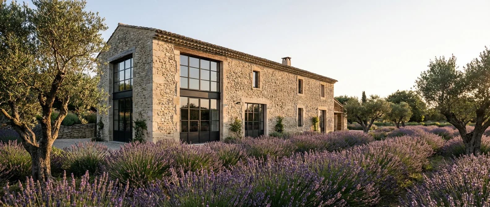 Vue extérieure d'une maison campagnarde luxueuse alliant pierre ancienne et modernité au coucher du soleil