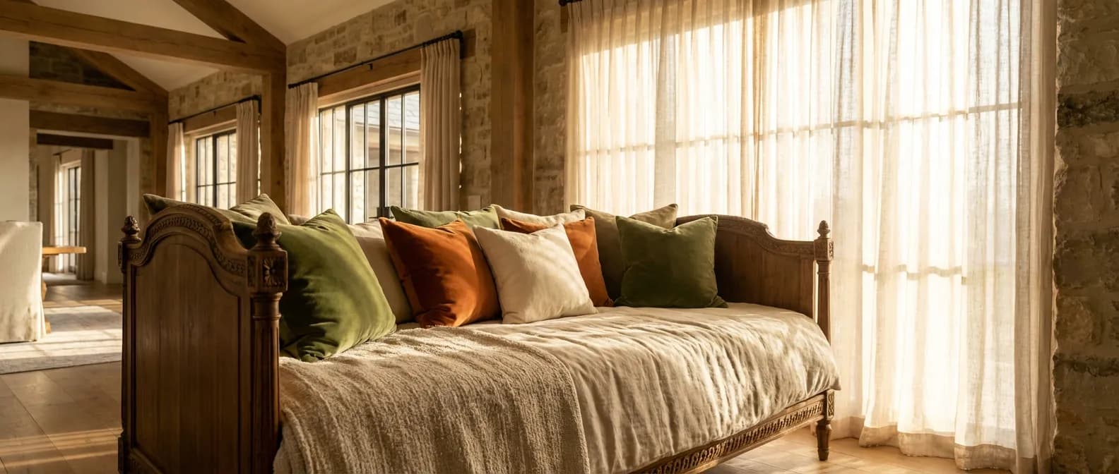 Banquette élégante fabriquée à partir d'un ancien lit en bois dans un salon lumineux