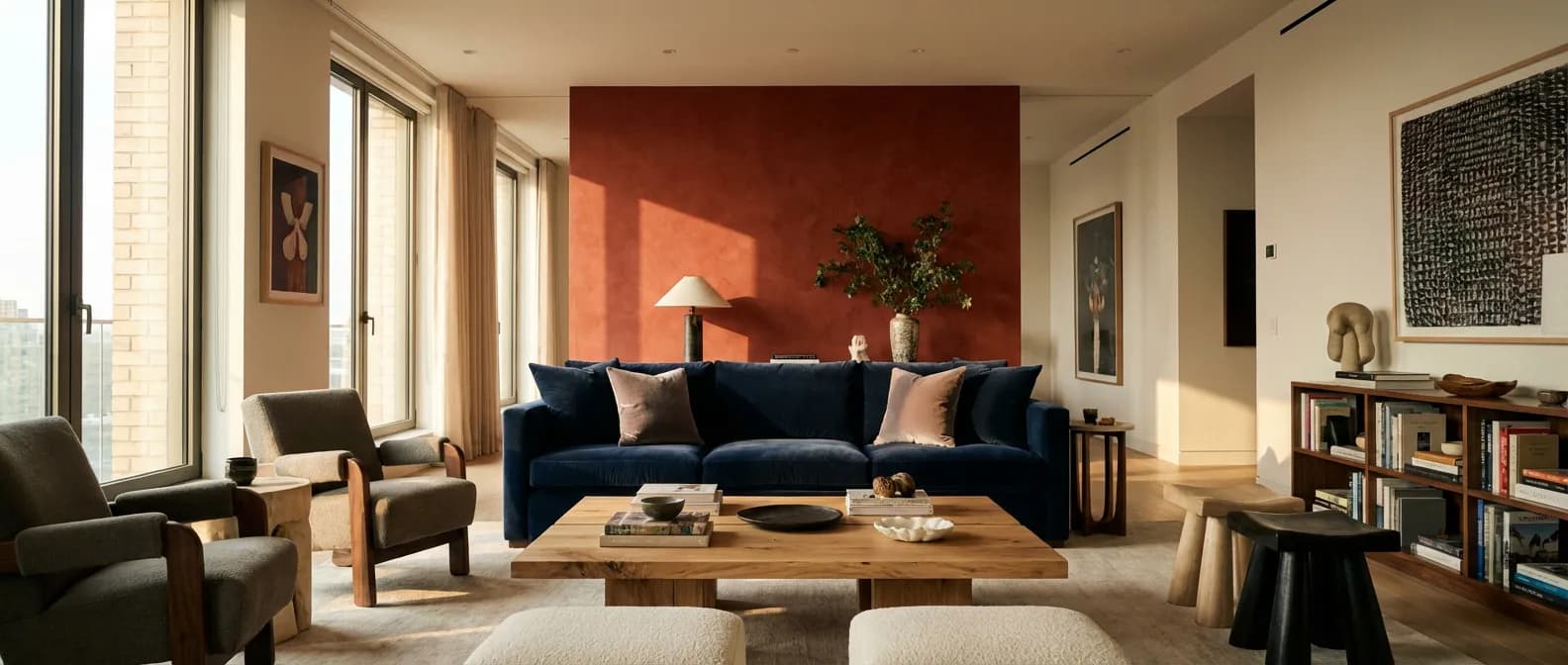 Aménagement d'un salon luxueux avec une association de couleur rouge et bleu équilibrée