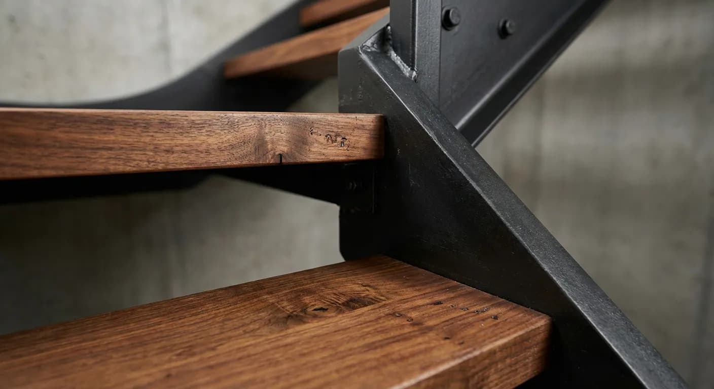 Détail des finitions en bois et métal d'un escalier en U