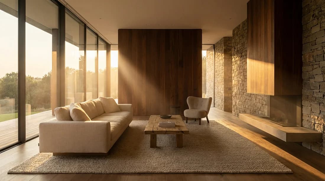 Salon luxueux et moderne d'une maison d'architecte baigné par la lumière dorée du soleil couchant, représentant la concrétisation du projet d'une maison de rêve.