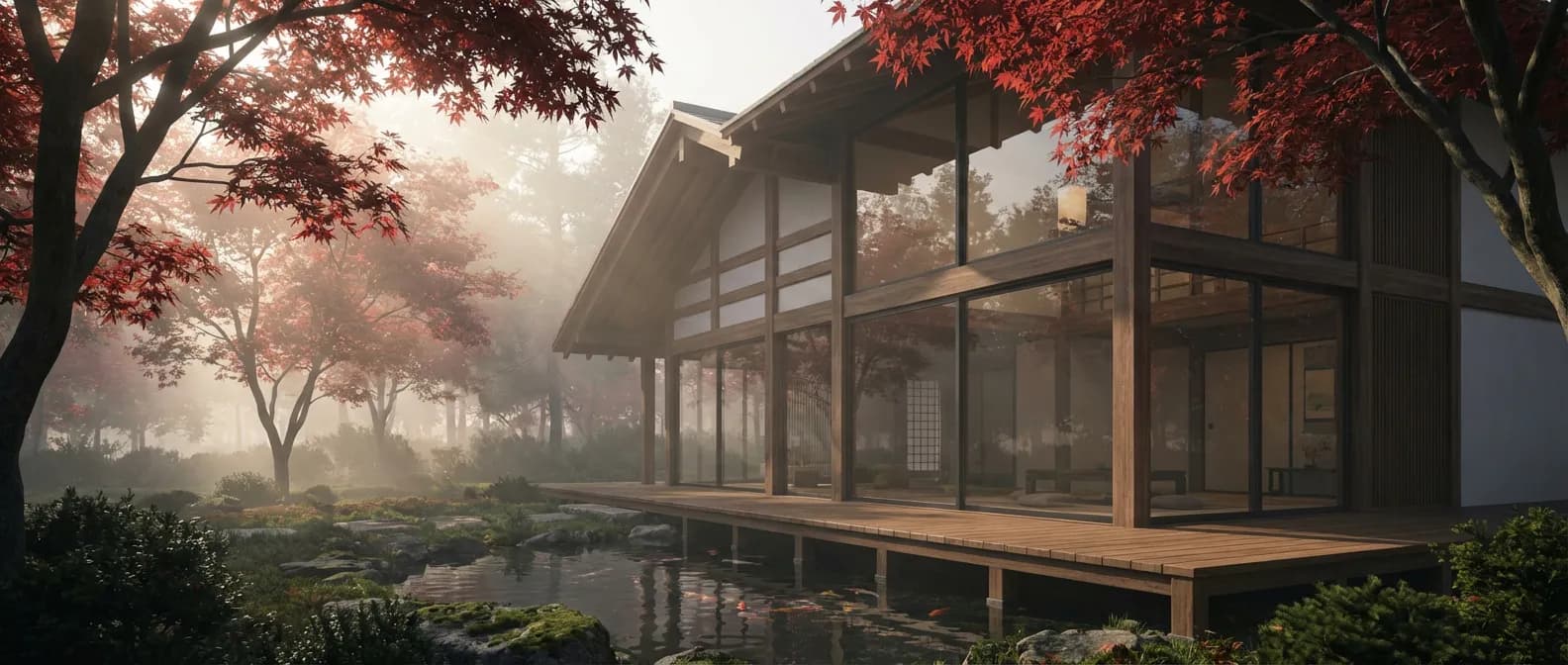 Photographie cinématographique d'une maison de style japonais moderne nichée dans une forêt brumeuse au lever du soleil