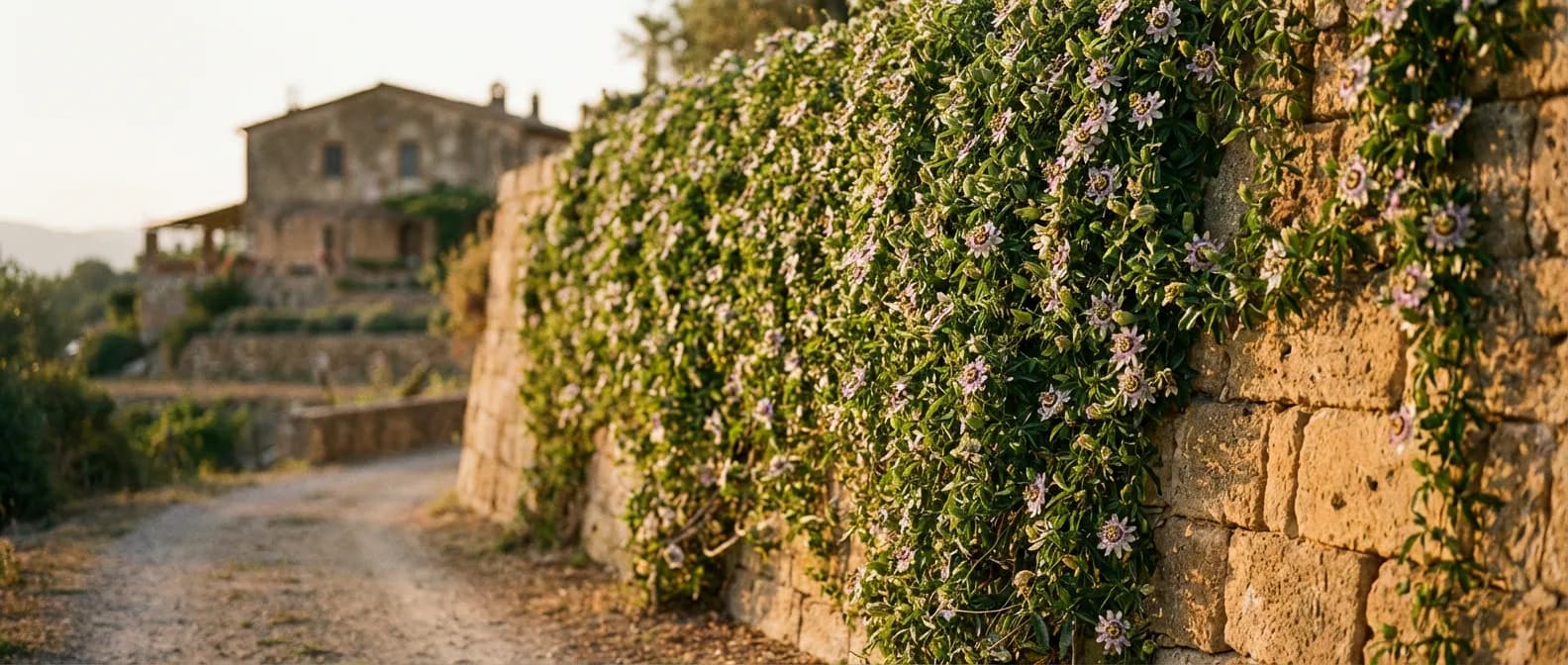 Un mur en pierre magnifiquement recouvert de passiflores en fleurs sous une lumière dorée.