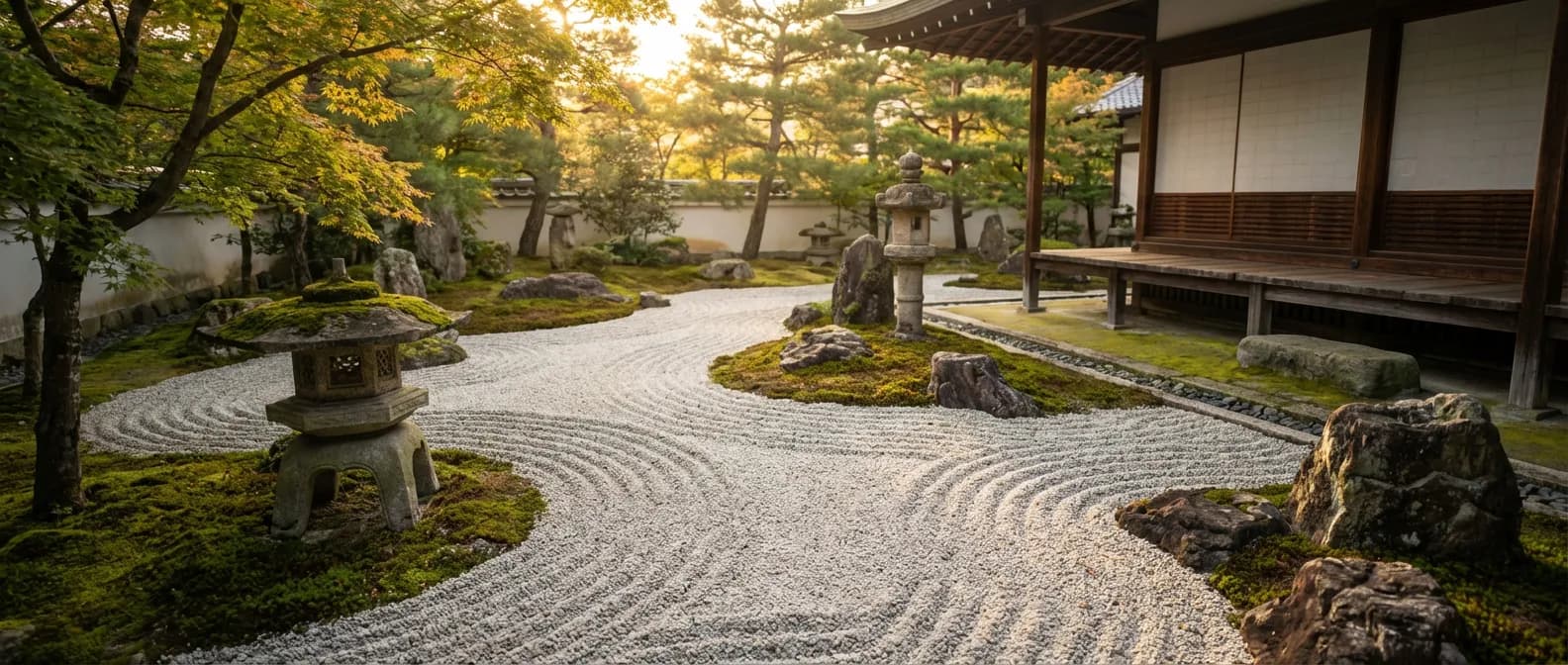 Jardin sec japonais avec gravier ratissé et lanternes de pierre traditionnelles