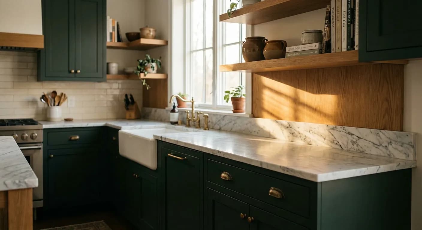 Cuisine moderne avec meubles vert forêt et plan de travail en marbre blanc.