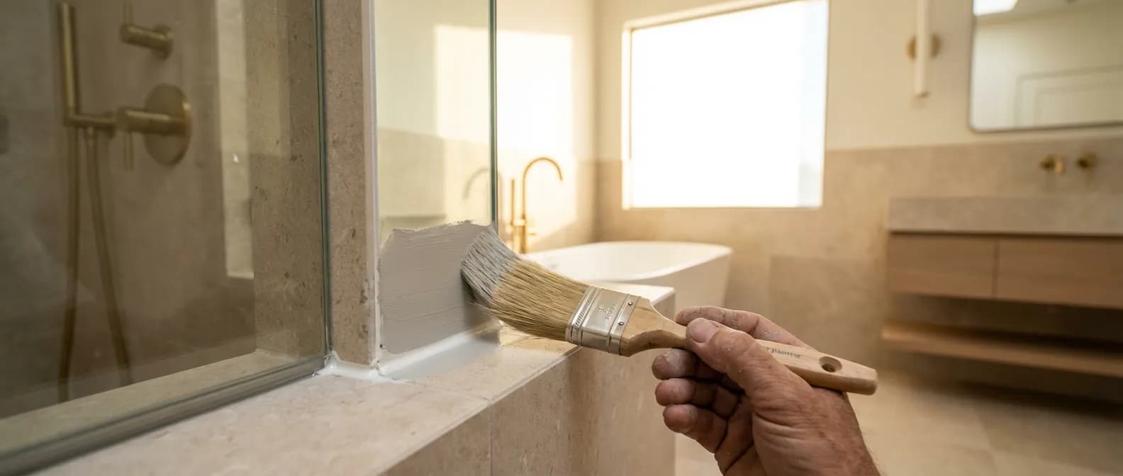Gros plan cinématique d'un pinceau appliquant de la peinture sur un joint de silicone dans une salle de bain de luxe moderne.