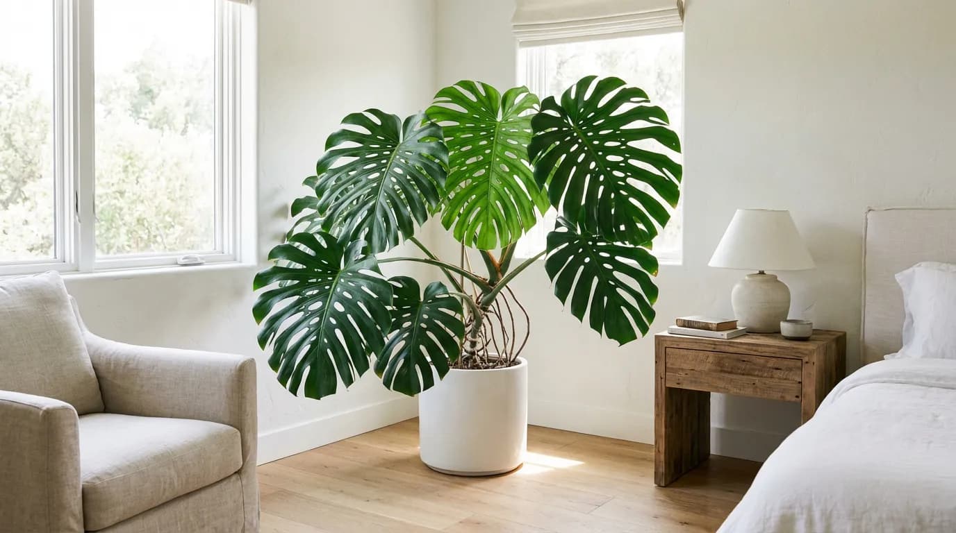 Plante verte Monstera dans une chambre à la décoration blanche épurée